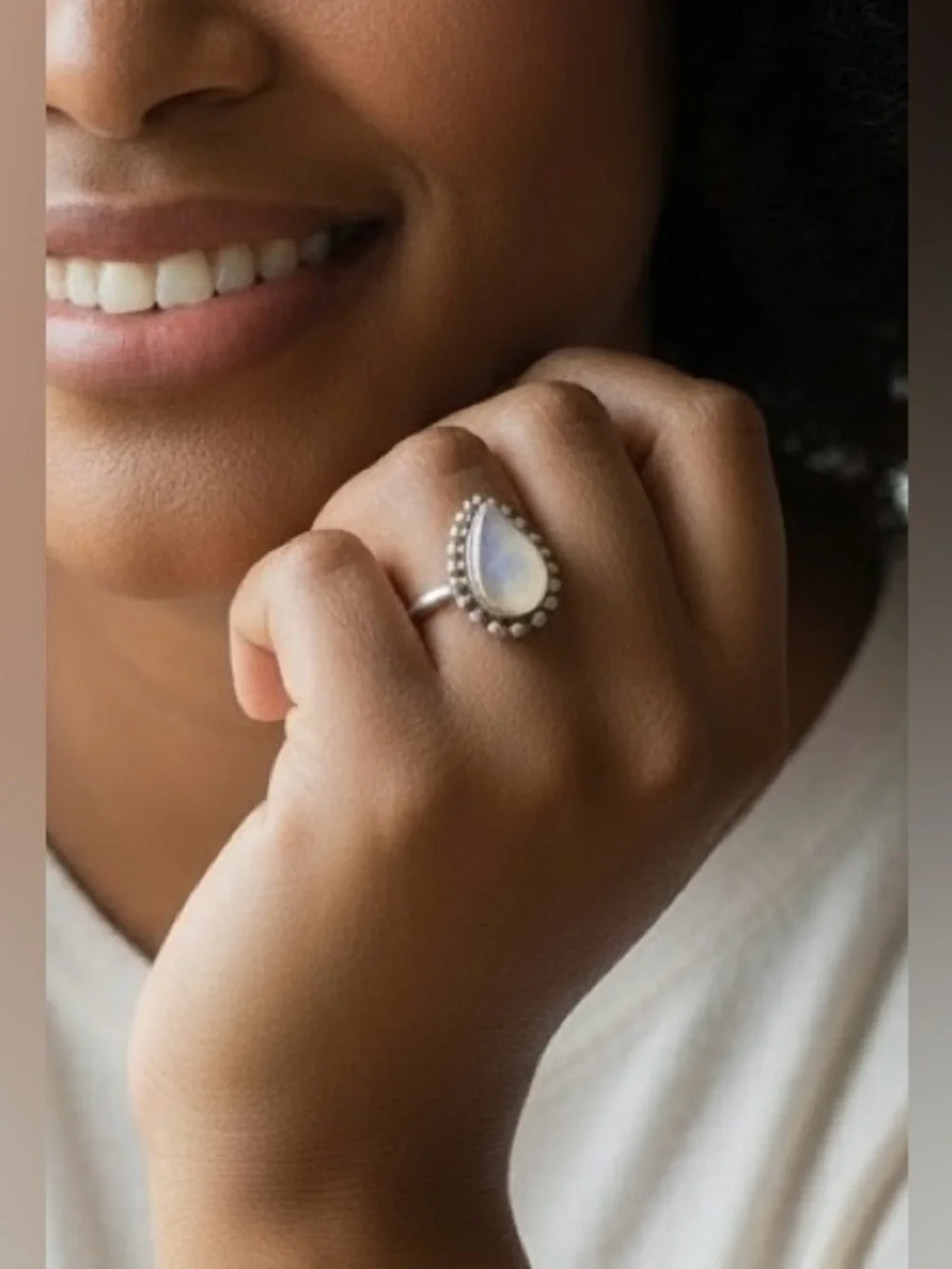 Sterling Silver Teardrop Moonstone Ring in White